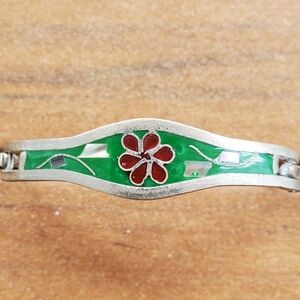 Mexican Silver Inlay Hinged Bracelet